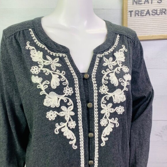 J Jill Floral Appliqué Heather Black Front Button Cardigan Sweater Size L Petite - Picture 3 of 9